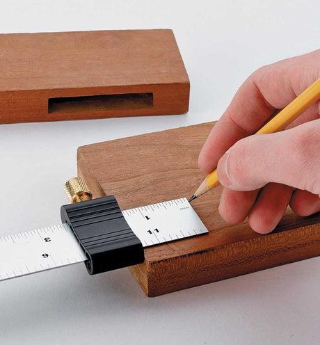 Veritas Ruler Stop being used to transfer a parallel line to end of wood.