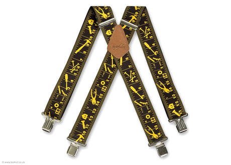 black tape measure trouser braces